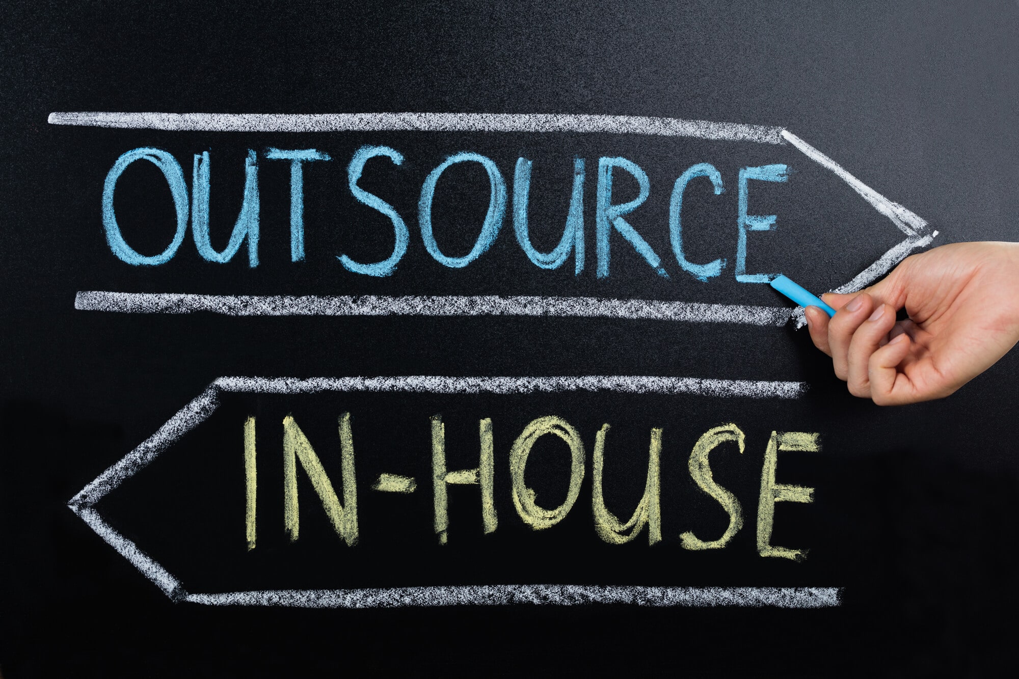 Outsource and In-House drawn on chalkboard with arrows