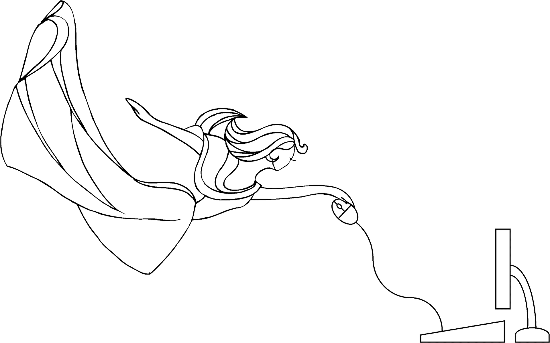 line drawing of woman floating while using computer